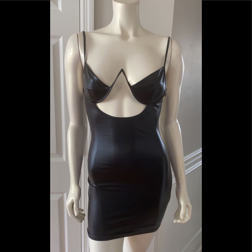Black leather fitted dress